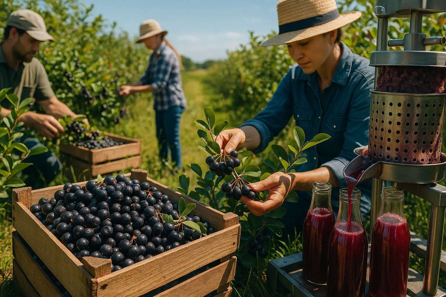 Aronia Ernte & Verarbeitung – vom Feld bis zur Flasche