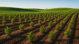 Aronia Plantage anlegen – junge Aroniapflanzen in Reihen auf vorbereiteter Ackerfläche unter Sonnenschein