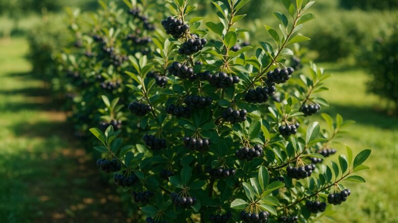 Große, fruchttragende Aroniabüsche auf sonniger Fläche – klimaangepasster Anbau