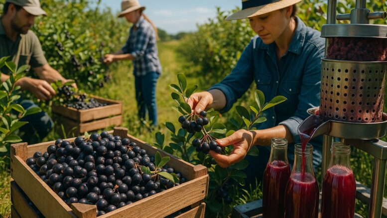 Aroniabeeren werden auf sonniger Plantage geerntet und zu naturreinem Direktsaft verarbeitet