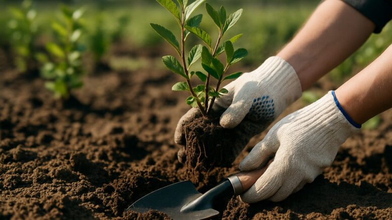 Aroniapflanze wird in lockeren Boden gesetzt – Anleitung zum richtigen Pflanzen von Aroniabeeren