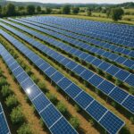 Aroniapflanzen unter aufgeständerten Solarmodulen in einer Agri-PV-Anlage bei Sonnenschein