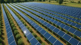 Aroniapflanzen unter aufgeständerten Solarmodulen in einer Agri-PV-Anlage bei Sonnenschein