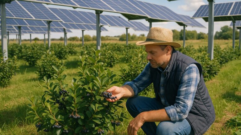 Landwirt zeigt auf Solarmodule über Aroniapflanzen auf landwirtschaftlicher Fläche