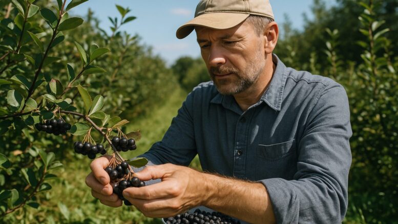 Bio-Kontrolleur inspiziert Aroniapflanzen auf dem Feld – Zertifizierung im Aroniaanbau