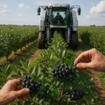 Aroniapflücker erntet Beeren per Hand neben moderner Erntemaschine in der Plantage