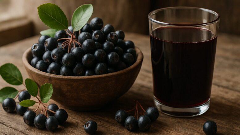 Aroniabeeren mit Saftglas auf Holztisch – Symbolbild für Forschung zu Herz-Kreislauf und Stoffwechsel