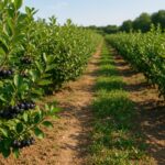 Aroniapflanzen in Reihen auf nachhaltiger Obstbaufläche mit gesunder Erde und Sonnenlicht