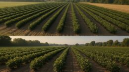 Mann mit Korb pflückt Aroniabeeren in kleiner Privatplantage – Symbol für Nebenerwerb