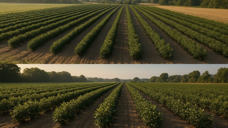 Mann mit Korb pflückt Aroniabeeren in kleiner Privatplantage – Symbol für Nebenerwerb