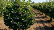 Große Aronia Nero-Sträucher voller dunkler Beeren auf sonniger Plantage