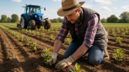 Landwirt pflanzt Aroniapflanzen in Reihen auf sonnigem Feld mit Traktor im Hintergrund