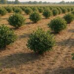 Aroniabüsche in Reihen auf ehemals brachliegender Ackerfläche – Beispiel für Umnutzung stillgelegter Flächen