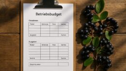 Tabelle mit Ertragsszenarien und Aroniabeeren im Hintergrund – Symbol für Wirtschaftlichkeitsanalyse
